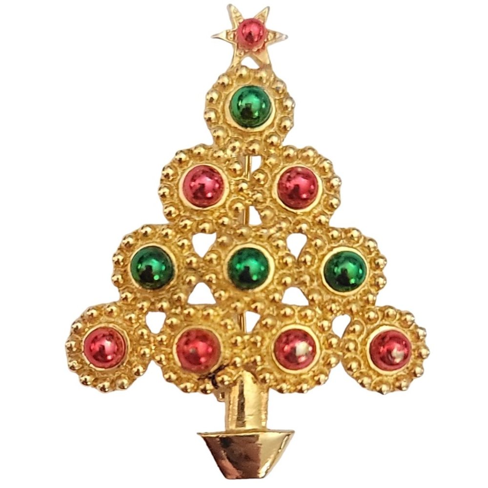 LIA Gold Tone Red Green Enamel Christmas Tree Brooch Pin, Signed K697